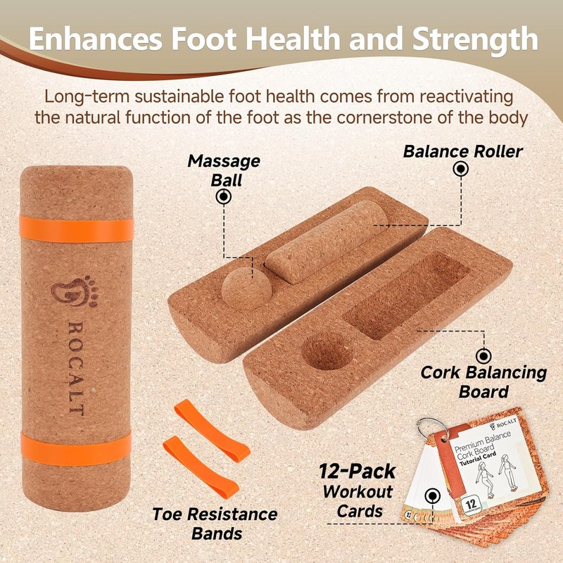 Rocalt Cork Balance Board, Premium Cork 4-in-1 Foot & Ankle Strengthener Kit, Balance Trainer with Massage Roller & Ball, Toe Resistance Bands, Storage Bag & Exercise Guide for Enhance Mobility, Improve Foot Function, Prevent Falls - Image 3